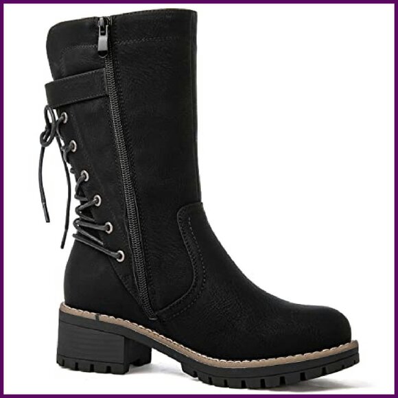 Women's Mid Calf Motorcycle Boots Lace Up Side Zipper Combat Riding - Picture 4 of 8